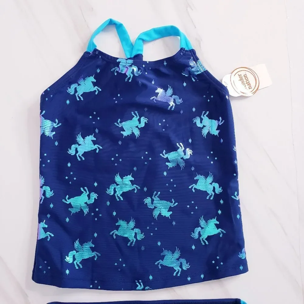 Kids 2 PC Set Tankini Unicorn Blue Sparkle Swimsuit Multicolor New